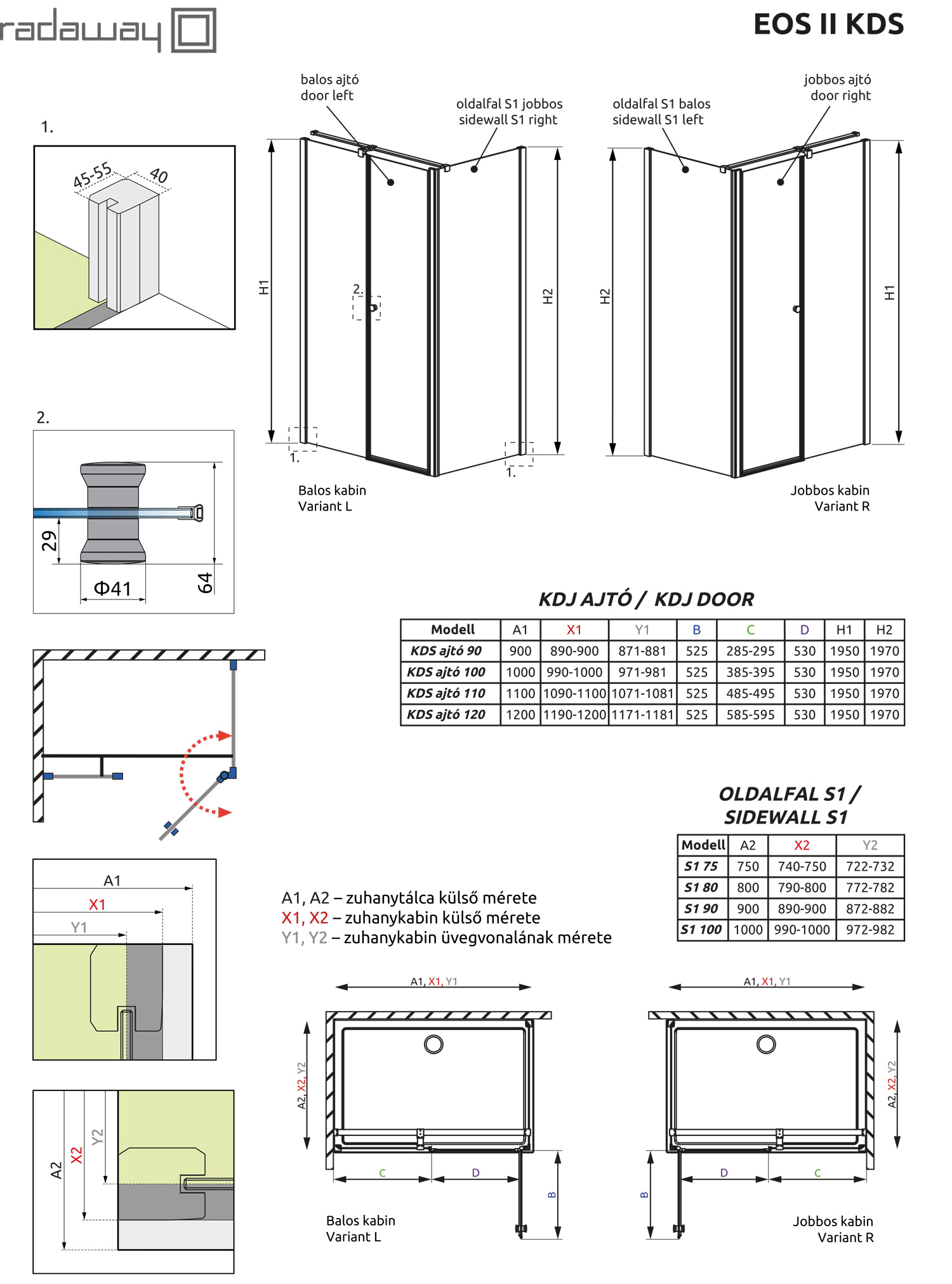 EOS II KDS szögletes zuhanykabin műszaki rajz