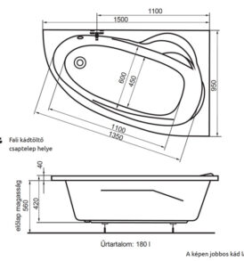 Kitti aszimmetrikus kád műszaki rajz