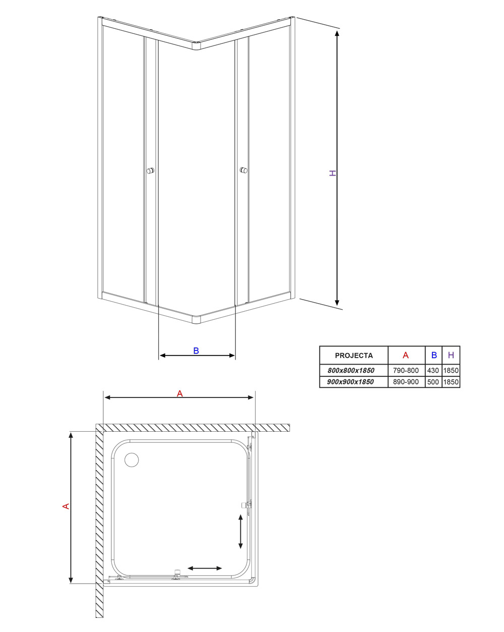 Projecta C szögletes zuhanykabin műszaki rajz