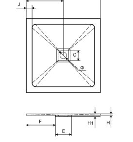 Milos C szögletes zuhanytálca műszaki rajz
