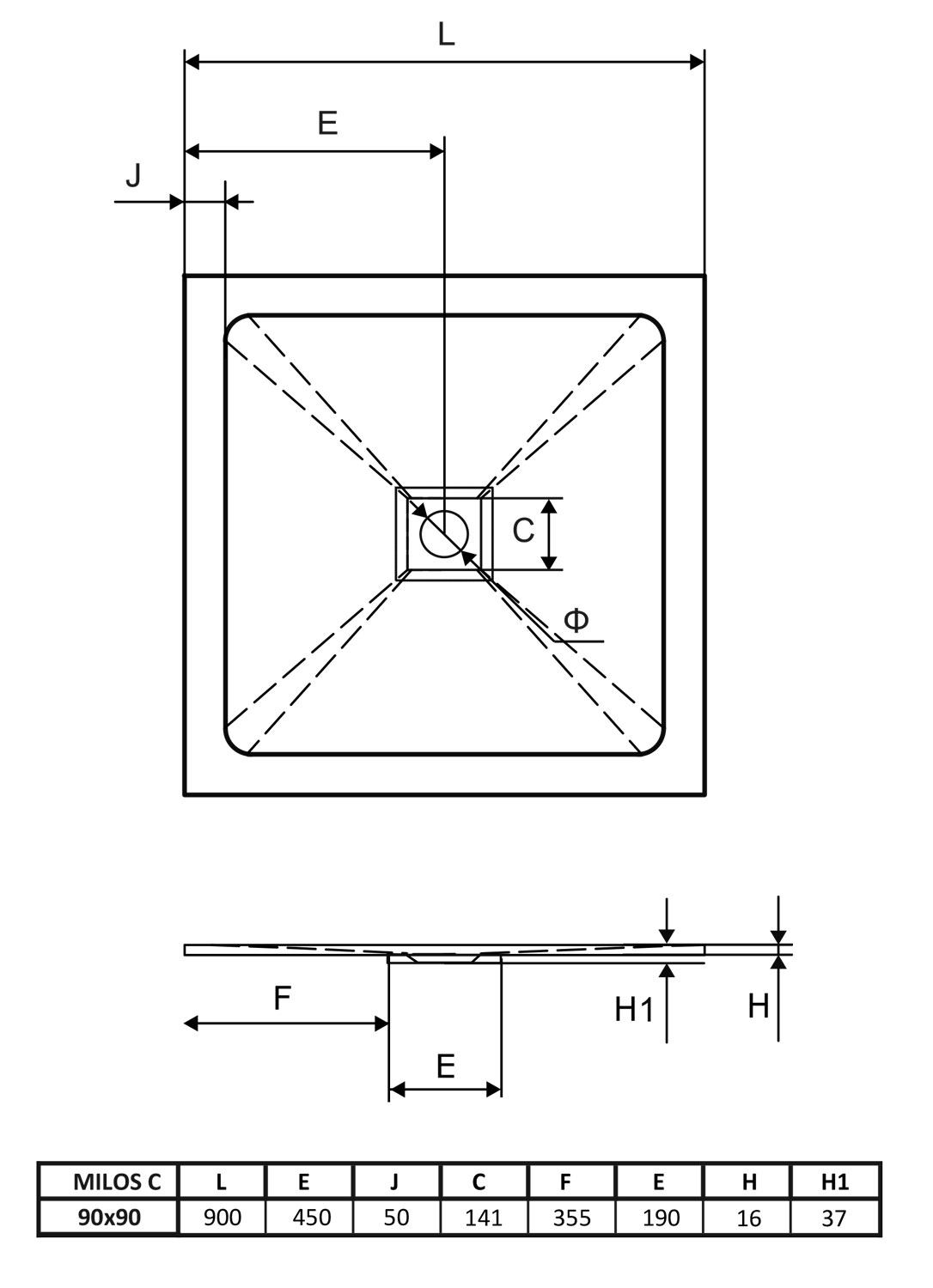 Milos C szögletes zuhanytálca műszaki rajz
