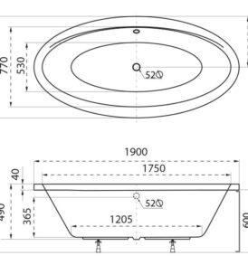 Oval különleges akril kád műszaki rajz