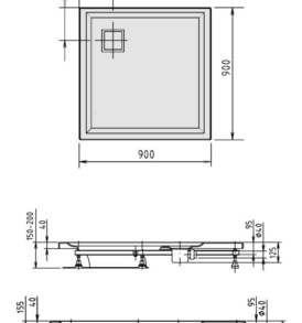 Avelin C 90x90 szögletes zuhanytálca műszaki rajz