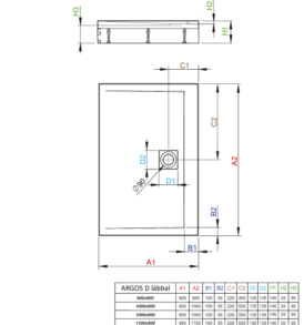 Argos D szögletes zuhanytálca lábbal műszaki rajz