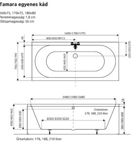 H2O Tamara egyenes akril kád műszaki rajz